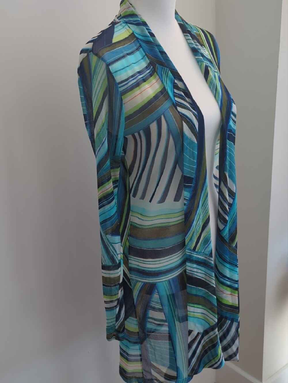 Robert Kitchen Open-Front Blue Geo Striped Sheer Lightweight Cardigan Duster